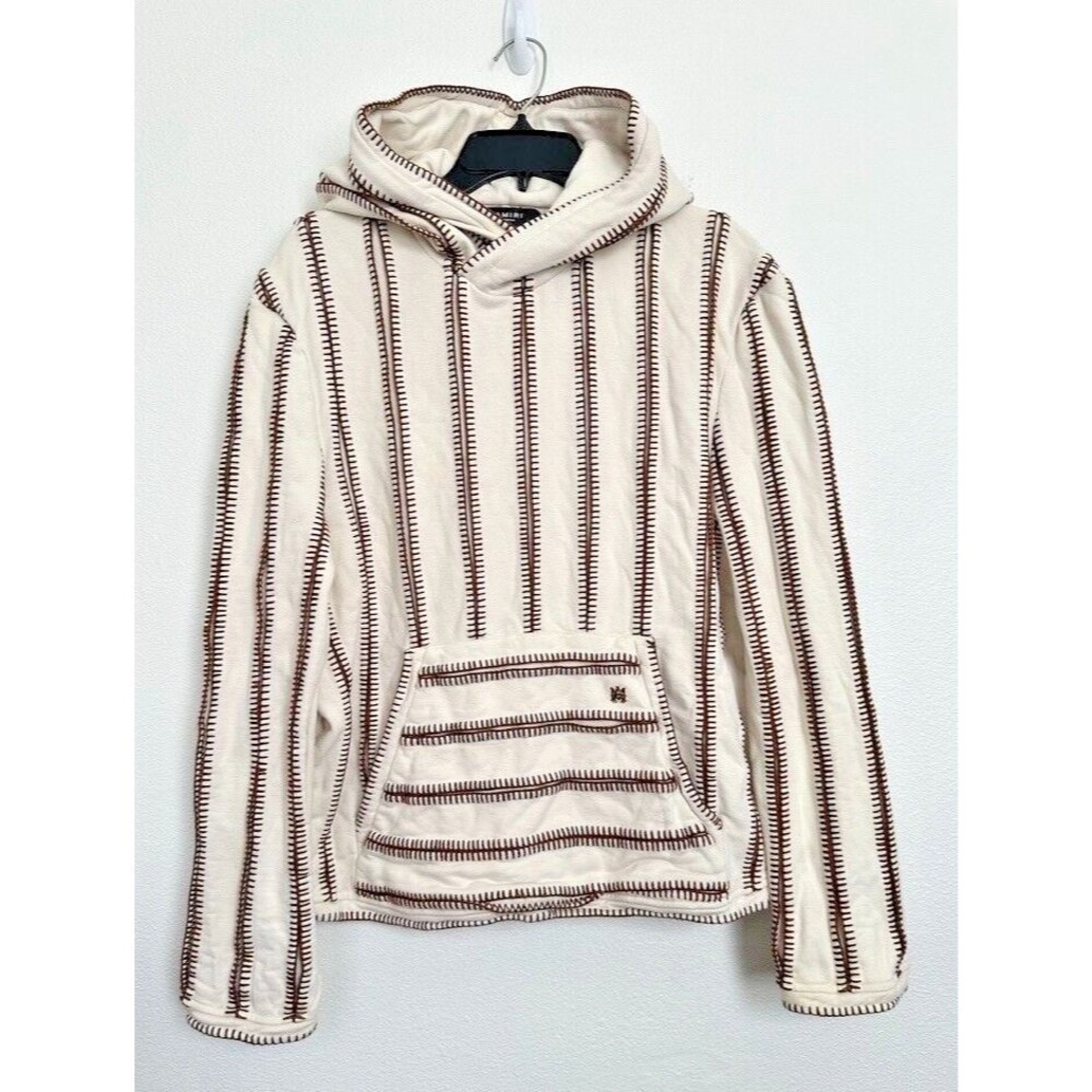 Amiri Contrast Stitch Hoodie Sweater Long Baseball Cream White Brown Size Medium